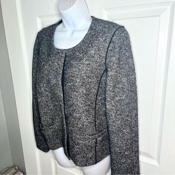 LOFT Pocket Chic Tweed Wool Cotton Blend Blazer Jacket Marled Grey Black 8 - Picture 7 of 13